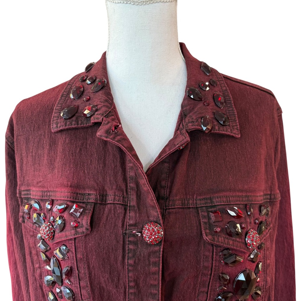 Diane Gilman DG2 Embellished Denim Jacket Burgundy Red Crystal Buttons Size L - Picture 3 of 11